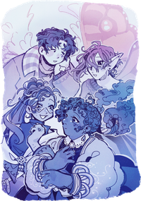 Sketchy digital art of the nightmare complex leads walking(?) together. Shelby looks tired but relieved, Miles linking arms with them. Miles and Marlowe look pretty energetic, and August looks like he's about to fall asleep flying.