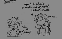 A doodle of cube-headed snail sona apologising to Emery, who is "about to inherit a multitude of mental health issues", oh no.
